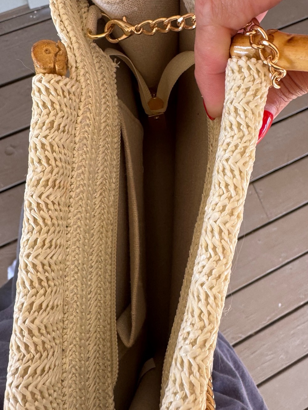 Woven Straw Shoulder Bag with Gold Chain Trim - Cream